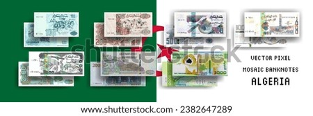 Vector set of pixel mosaic banknotes of Algeria. Collection of bills in denominations of 100, 200, 500, 1000 and 2000 Algerian dinars. Play money or flyers.