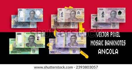 Vector set of pixel mosaic banknotes of Angola. Collection of 200, 500, 1000, 2000 and 5000 kwanzaa bills. Obverse and reverse. Play money or flyers.