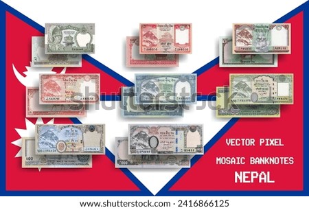 Vector set of pixel mosaic banknotes of Nepal. Collection of notes in denominations of 2, 5, 10, 20, 50, 100, 500 and 1000 rupees. Obverse and reverse. Play money or flyers.