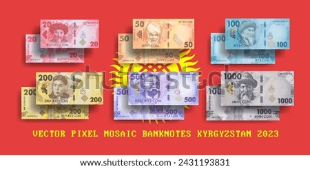 Vector set of pixel mosaic banknotes 2023 of Kyrgyzstan. Collection of notes in denominations of 20, 50, 100, 200, 500 and 1000 soms. Obverse and reverse. Play money or flyers.