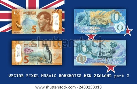 Vector set pixel mosaic banknotes of New Zealand. Collection notes of 5 and 10 dollars denomination. Obverse and reverse. Play money or flyers. Part 2