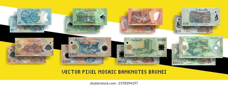 Vector set of pixel mosaic Brunei banknotes. Collection of bills in denominations of 1, 5, 10, 50, 100, 500, 1000 and 10000 ringgit or dollars. Play money or flyers.