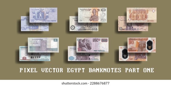 Vector set of pixel mosaic Egyptian banknotes. Paper and plastic bills, denominations of 25 and 50 piastres, 1, 5 and 10 pounds. Part one.