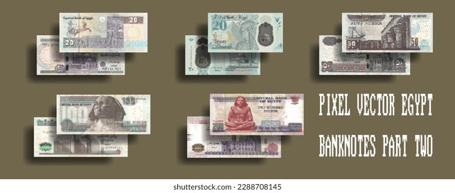 Vector set of pixel mosaic Egyptian banknotes. Paper and plastic bills, denominations of 20, 50, 100 and 200 pounds. Part two.