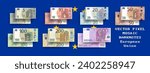 Vector set of pixel mosaic European Union banknotes. Collection of notes in denominations of 5, 10, 20, 50, 100, 200 and 500 euros. Obverse and reverse. Play money or flyers.