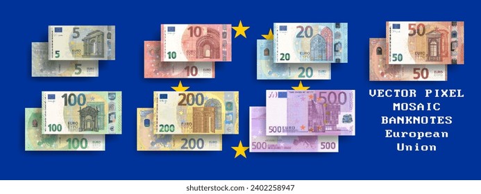Vector set of pixel mosaic European Union banknotes. Collection of notes in denominations of 5, 10, 20, 50, 100, 200 and 500 euros. Obverse and reverse. Play money or flyers. svg