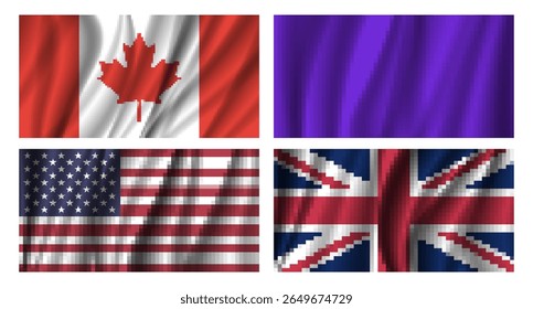 Vector set of pixel mosaic flags of Canada, United States of America, United Kingdom and blank wavy purple banner. Collection of state symbols from pixels