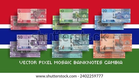 Vector set of pixel mosaic Gambia banknotes. Collection of notes in denominations of 5, 10, 20, 50, 100 and 200 dalasi. Obverse and reverse. Play money or flyers.