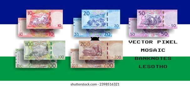 Vector set of pixel mosaic Lesotho banknotes. Collection of notes in denominations of 10, 20, 50, 100 and 200 maloti. Obverse and reverse. Play money or flyers.