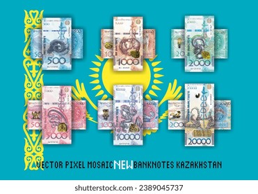 Vector set of pixel mosaic new banknotes of Kazakhstan. Collection of bills in denominations of 500, 1000, 2000, 5000, 10000 and 20000 tenge. Play money or flyers. Obverse and reverse.