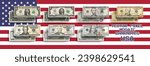 Vector set of pixel mosaic US banknotes. Collection of notes in denominations of 1, 2, 5, 10, 20, 50 and 100 dollars. Obverse and reverse. Play money or flyers.