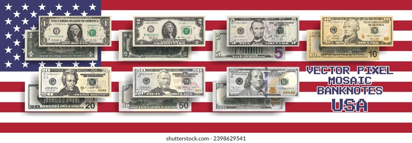 Vector set of pixel mosaic US banknotes. Collection of notes in denominations of 1, 2, 5, 10, 20, 50 and 100 dollars. Obverse and reverse. Play money or flyers. svg