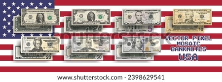 Vector set of pixel mosaic US banknotes. Collection of notes in denominations of 1, 2, 5, 10, 20, 50 and 100 dollars. Obverse and reverse. Play money or flyers.