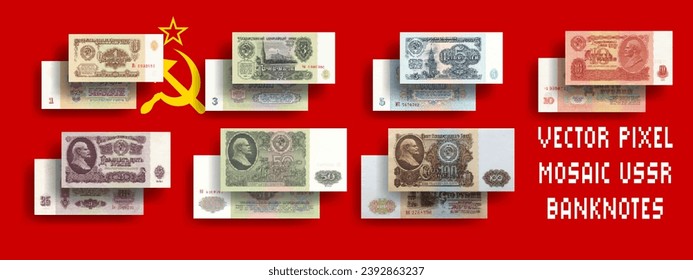 Conjunto vectorial de billetes de mosaico de píxeles de la URSS. Colección de billetes en las denominaciones de 1, 3, 5, 10, 25, 50 y 100 rublos soviéticos. Inverso e inverso. Juega dinero o volantes.