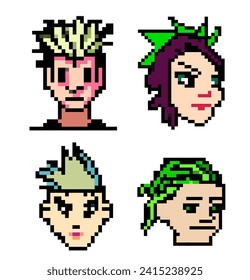 Vector set pixel punk heads of people with different colored hair, various art styles, 8 bits graphics, icons in  pictogram of male and fun people female faces