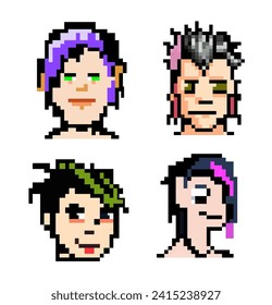 Vector set pixel punk heads of people with different colored hair, various art styles, 8 bits graphics, icons in  pictogram of male and fun people female faces