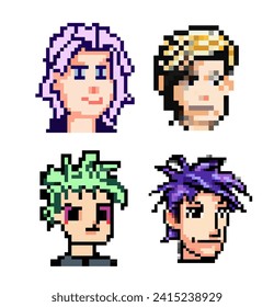 Vector conjunto de cabezas punk píxel de personas con diferentes colores de cabello, varios estilos de arte, gráficos de 8 bits, iconos en el pictograma de personas masculinas y divertidas caras femeninas