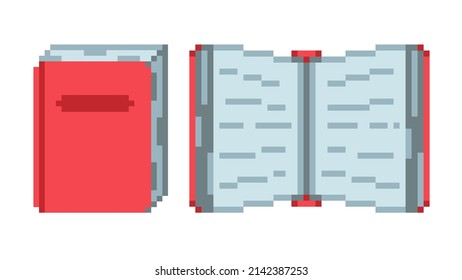 Vector set of pixel red books isolated illustrations on a white background. Closed and opened book symbol collection. Bit retro game art style