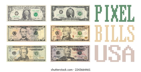 Vector set of pixel US banknotes. Paper American money on a white background.