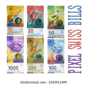 Vektorset von pixeligen Mosaikbanknoten der Schweiz. Schweizer Papiergeld auf isoliertem weißem Hintergrund. Stückelungsrechnung bei 10 vor 1000 Francs.