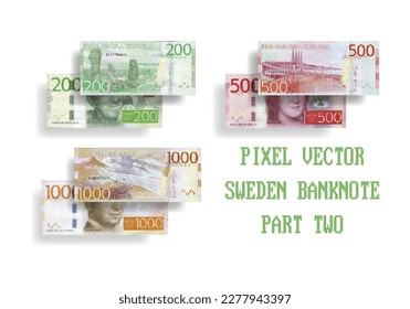 Vektorset von pixeligen Mosaikbanknoten aus Schweden. Rechnungen in Stückelungen von 200, 500 und 1000 Kronen. Teil 2.