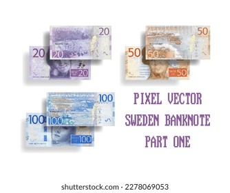 Vektorset von pixeligen Mosaikbanknoten aus Schweden. Rechnungen in Stückelungen von 20, 50 und 100 Kronen. Erster Teil.