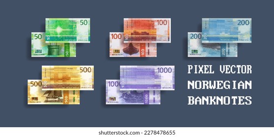 Conjunto de vectores de billetes de mosaico pixelados de Noruega. Billetes en denominaciones de 50, 100, 200, 500 y 1000 coronas.