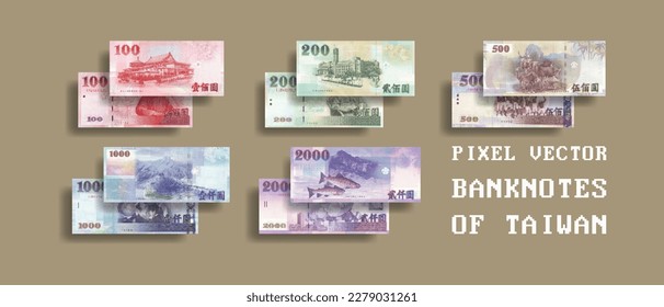 Vector set of pixelated mosaic banknotes of Taiwan. Notes in denominations of 100, 200, 500, 1000 and 2000 taiwanese dollars.