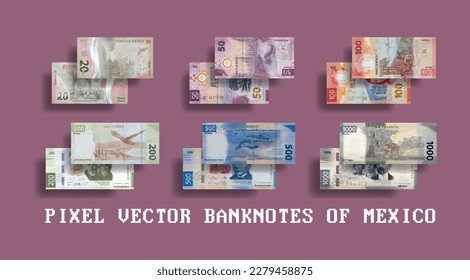 Vector set of pixelated mosaic banknotes of Mexico. Notes in denominations of 20, 50, 100, 200, 500 and 1000 Mexican pesos.
