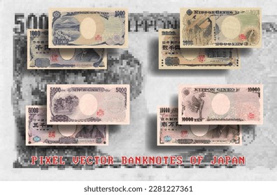 Vector set of pixelated mosaic banknotes of Japan. Denominations of bills are 1000, 2000, 5000 and 10000 yen. Obverse and reverse of Japanese money.