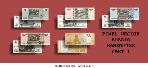 Vector set of pixelated mosaic banknotes of the Russian Federation. Bills in denominations of 5, 10, 50 and 100 rubles. Part one.