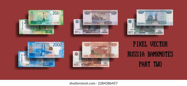 Vector set of pixelated mosaic banknotes of the Russian Federation. Bills in denominations of 200, 500, 1000, 2000 and 5000 rubles. Part two.