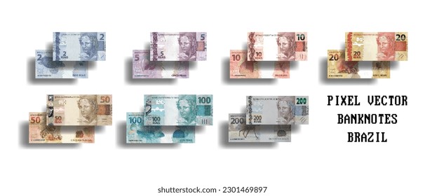 Vector set of pixelated mosaic banknotes of Brazil. Brazilian cash. The denomination of bills is 2, 5, 10, 20, 50, 100 and 200 reais. svg