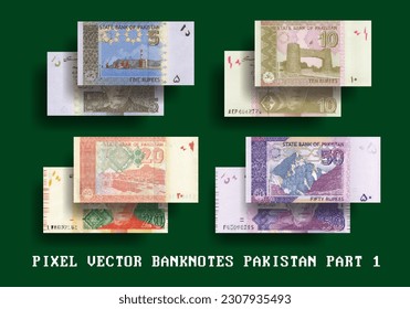 Vector set of pixelated mosaic banknotes of Pakistan. Notes in denominations of 5, 10, 20 and 50 Pakistani rupees. Part one. svg
