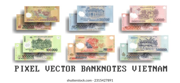 Vector set of pixelated mosaic banknotes of Vietnam. Denomination from 10000 to 500000 Vietnamese dong.