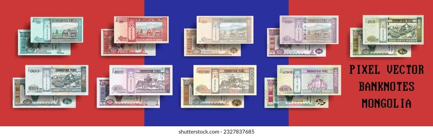 Vector set of pixelated mosaic banknotes of Mongolia. Bills in denominations from 10 to 20000 Mongolian tugriks. Flyers or play money.