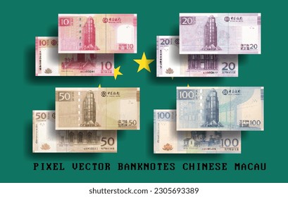 Vector set of pixelated mosaic Chinese Macau banknotes. The denomination of bills is 10, 20, 50 and 100 patacas.