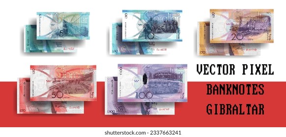 Vector set of pixelated mosaic Gibraltar banknotes. Notes in denominations of 5, 10, 20, 50 and 100 pounds. Flyers or play money.