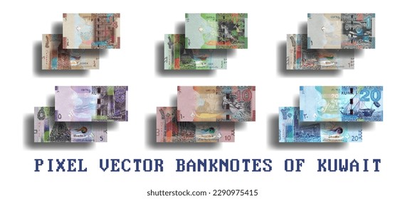 Vector set of pixelated mosaic Kuwait banknotes. Banknotes in denominations of a quarter and a half dinar, 1, 5, 10 and 20 dinars. Kuwaiti paper money.