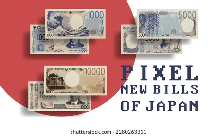 Vector set of pixelated mosaic new Japan banknotes. Bills in denominations of 1000, 5000 and 10000 yen. Issue of notes in 2024.