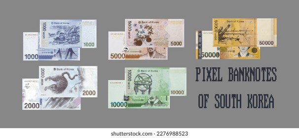 Vector set of pixelated mosaic paper banknotes of South Korea. Obverse and reverse of bills in denominations from 1000 to 50000 won.