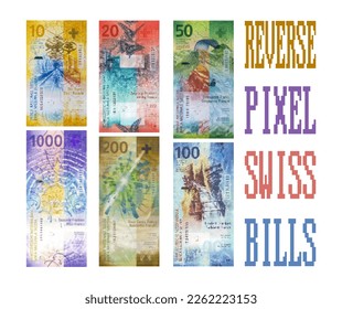 Vector set of pixelated mosaic reverse side banknotes of Switzerland. Swiss paper money on an isolated white background. Bills of denomination at 10 before 1000 francs.