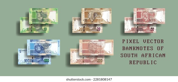 Vector set of pixelated mosaic South African banknotes. Bills in denominations of 10, 20, 50, 100 and 200 rand. SAR paper money.