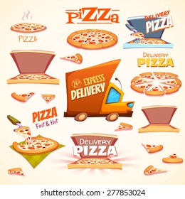 Vector set of Pizza icons, labels, signs, symbols and design elements.