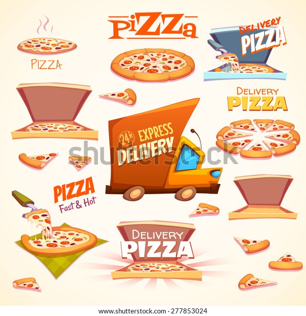 Vector set of Pizza icons, labels, signs,\
symbols and design\
elements.