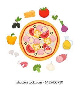 Vector Set Of Pizza Ingredients In Cartoon Style.
