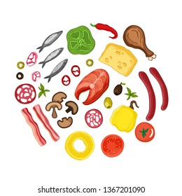 Vector set of pizza ingredients. Hand-drawn style. Cheese, anchovies, pineapple, mushrooms, tomatoes, egg, olives, salami, sausages, paprika hot pepper red fish greens smoked chicken and bacon