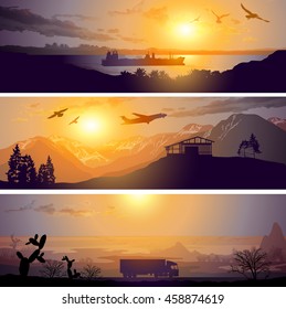 Vector set with plane, ship and truck at sunset, logistic business theme