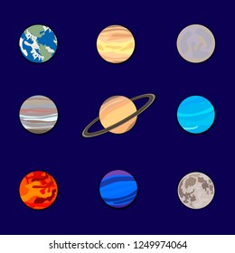 Vector Set of Planets on Dark Blue Sky Background, Solar System Illustration, Paper Cutout, Decorative Elements.