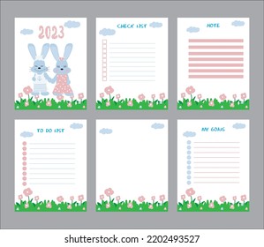 Vector set planner for 2023 with cute rabbits. Set vertical page, templates, check list, to do list, my goals and notes, organizer, sticker. 2023 year of the rabbit